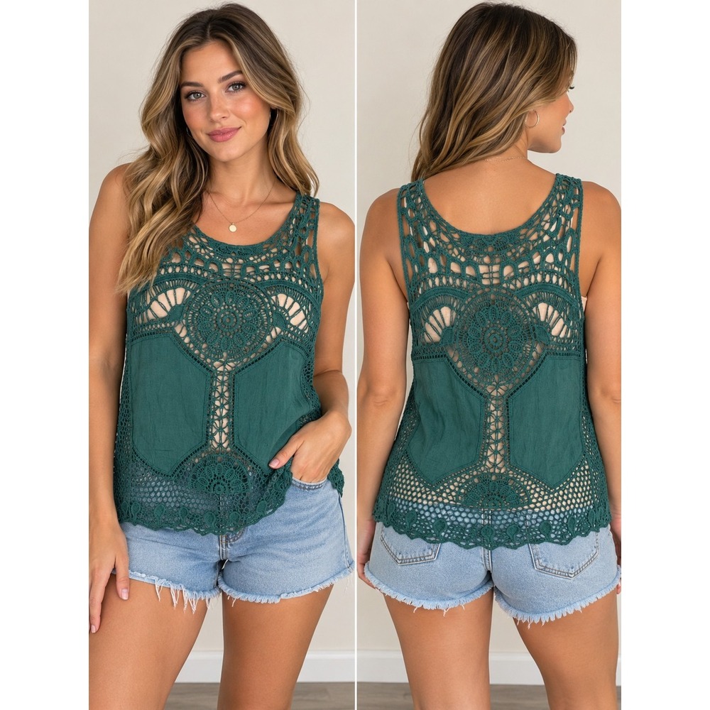 Xhilaration Crochet Lace Tank Top Womens Large Teal Boho Festival Fairycore Y2K